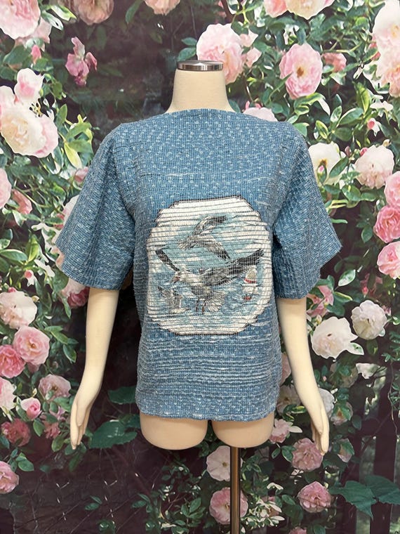 80s Blue Seagull Pullover Quilted Sweater Sand Piper Fiber Art Sakiori