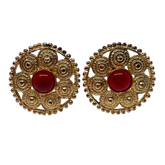 80s Gold Tone Round Spiral Earrings Red Cabochon - image 1