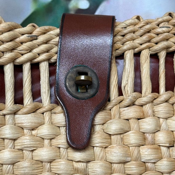 80s Woven Straw Handbag Leather Purse - image 4