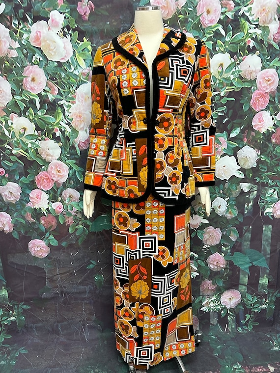 60s Dynasty Velvet Orange Floral Maxi Skirt Blazer - image 2