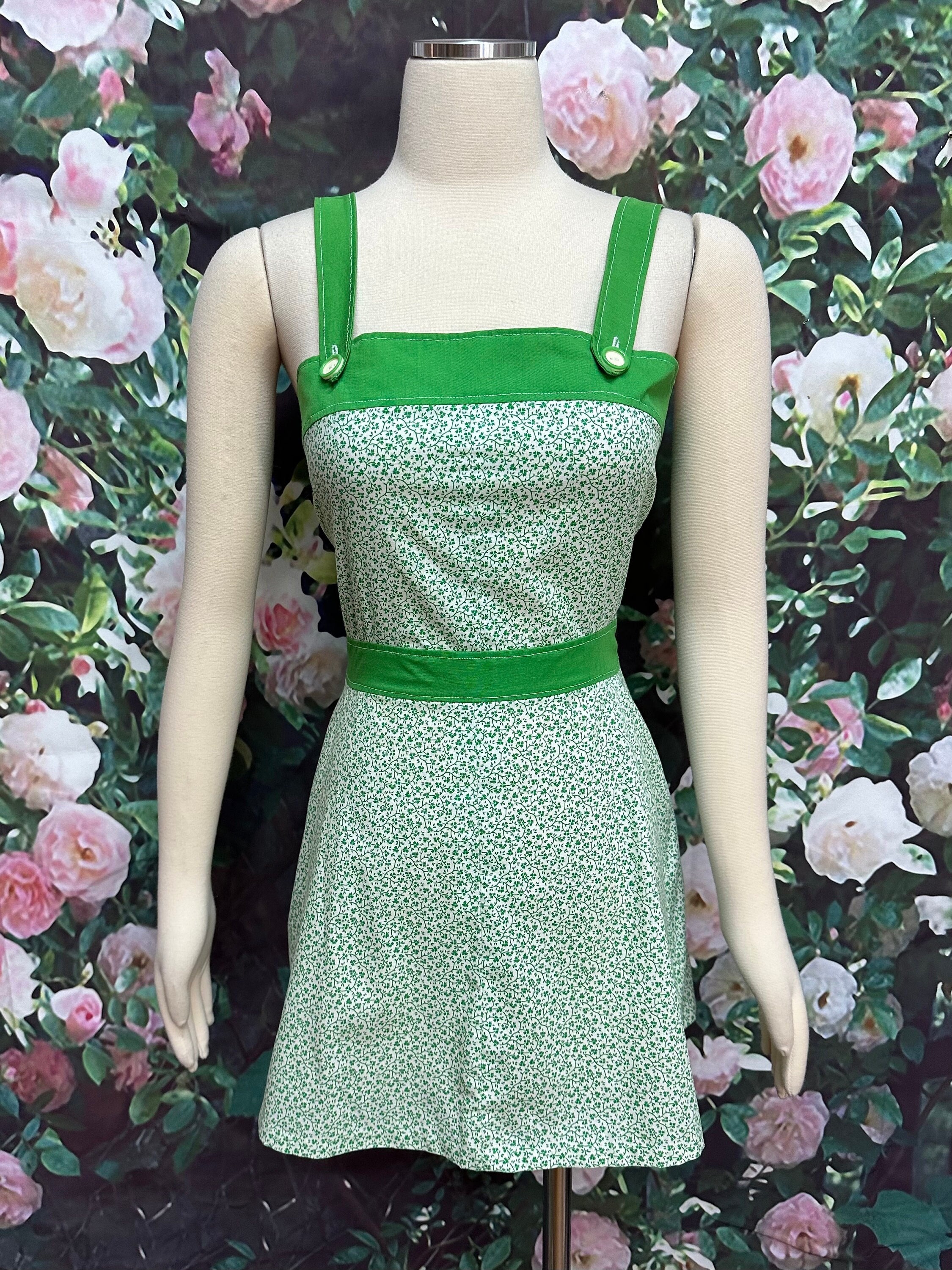 70s Green Calico Pinafore Mini Dress Homemade XS - Etsy