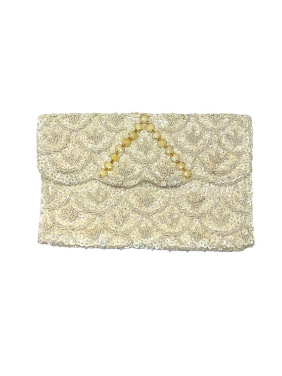 60s Ivory Sequin Envelope Purse Beaded Bridal Clu… - image 1