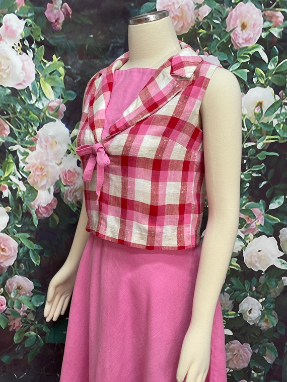 60s Bubblegum Pink Linen Skirt Plaid Blouse XS - image 4