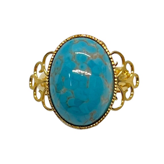 Vintage Gold Plated Filigree Ring Blue Czech Caboc