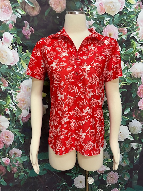 70s Graff Red Floral Print Poly Blouse