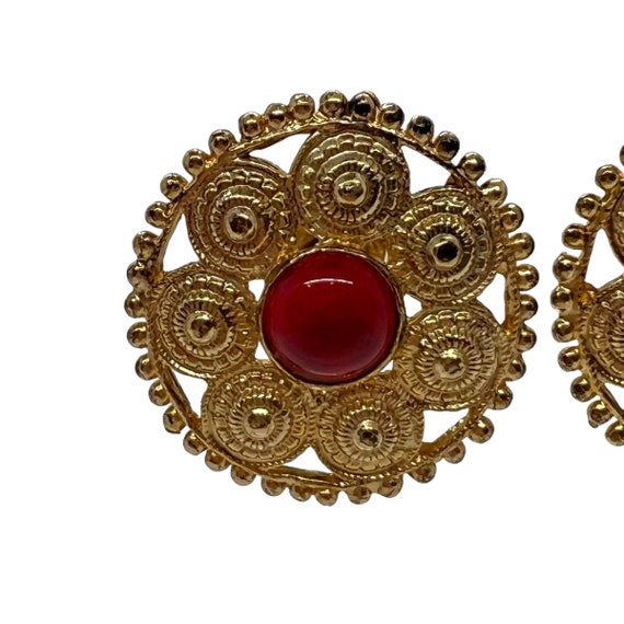 80s Gold Tone Round Spiral Earrings Red Cabochon - image 2