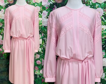 70s Jennifer Gee Pink Poly Secretary Dress Lace Trim