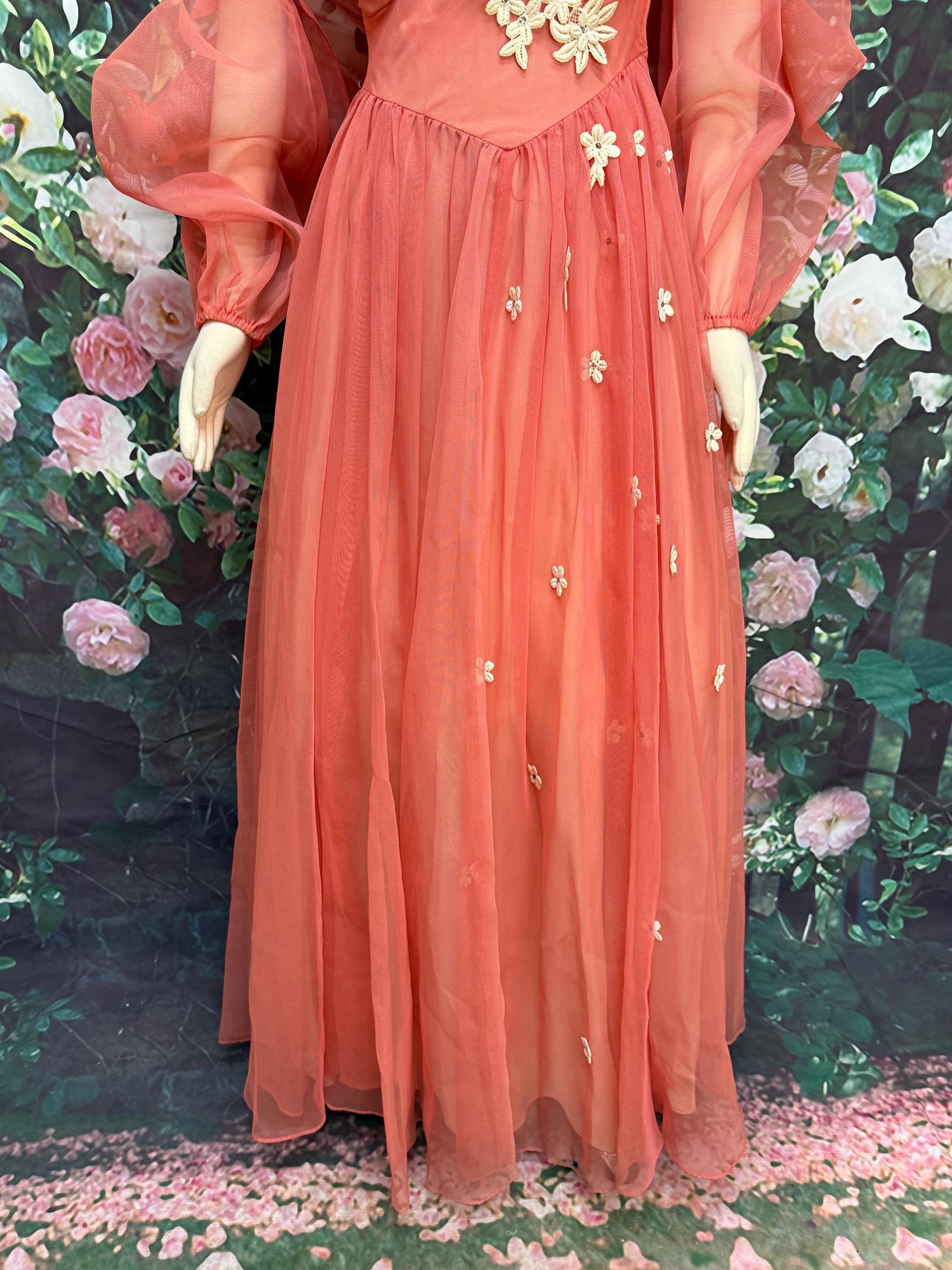 salmon chiffon dress 50s Salmon Chiffon Evening Gown Rhinestone Lace Detachable Sleeves XS