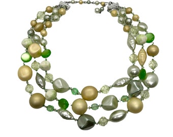 60s Triple Strand Green Bead Necklace Bicone Disc Round