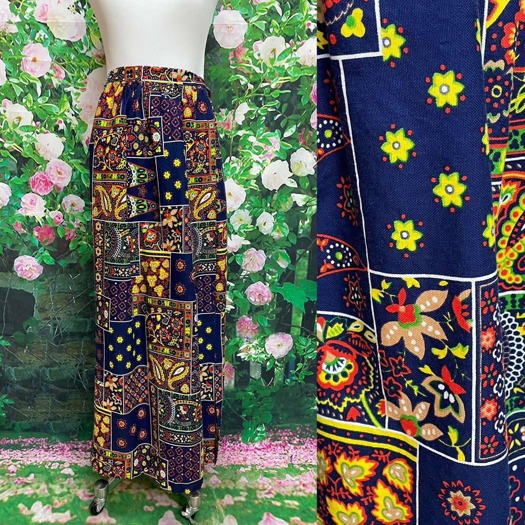 70s Groovy Blue Floral Maxi Skirt XXS Young Girl Etsy
