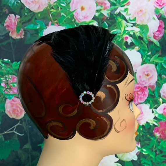 50s Black Feather Headband AB Rhinestone Fascinato