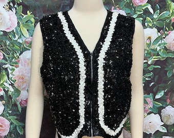 80s Black Sequin Zippered Vest White Trim XL