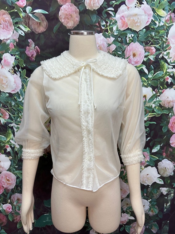 50s White Sheer Blouse Ruffled Collar - image 1