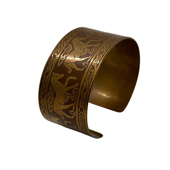 Vintage Celtic Knotwork Horse Brass Cuff Bracelet - image 5