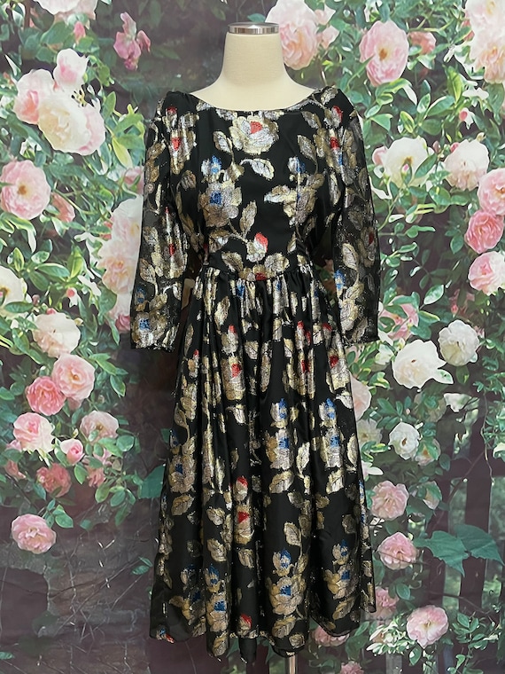 70s Black Chiffon Lurex Flowers Fit and Flare Dre… - image 2