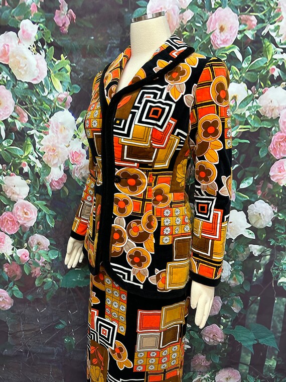 60s Dynasty Velvet Orange Floral Maxi Skirt Blazer - image 4