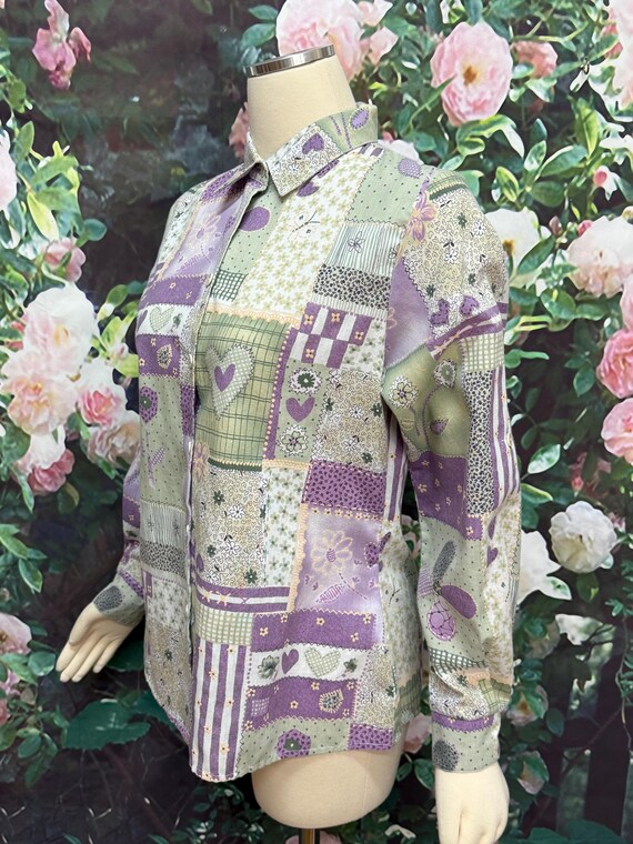 80s Purple Heart Patchwork Button Down Blouse - image 3