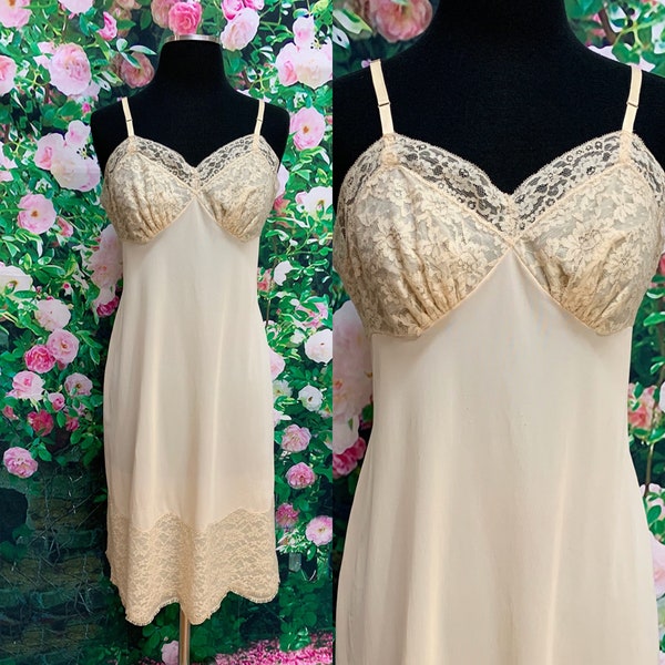 70s Vanity Fair Beige Lace Slip Nylon Size 34