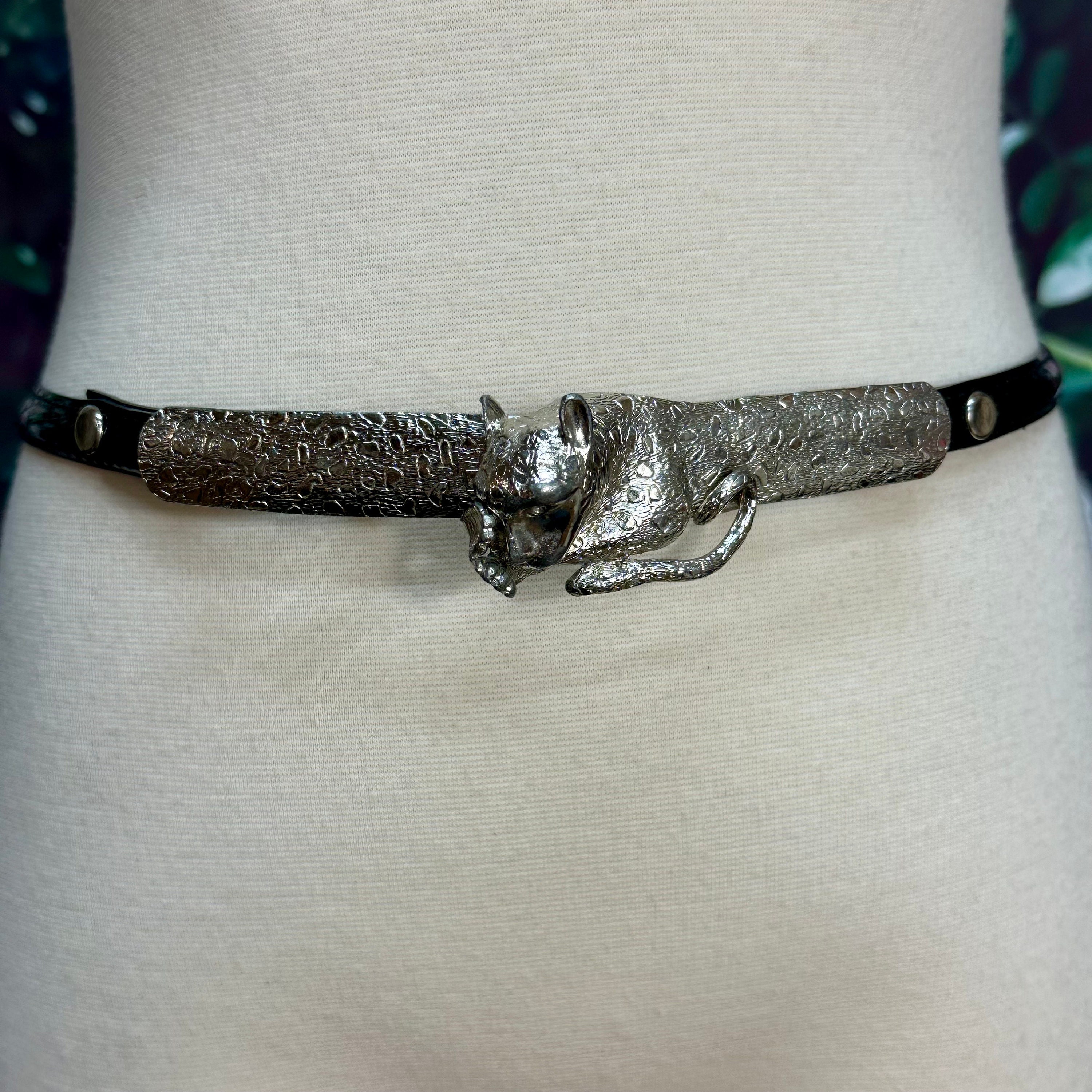 80s Gunmetal Silver Cheetah Statement Belt Black Patent - Etsy display picture 2
