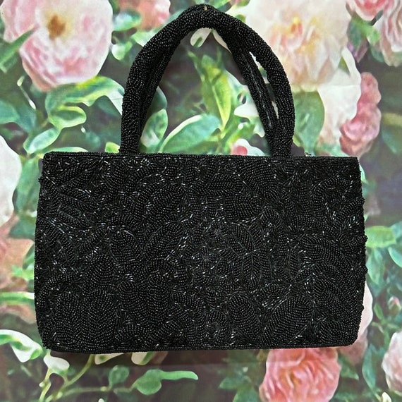 Vintage Black Beaded Tote Bag Double Handle Purse - image 1
