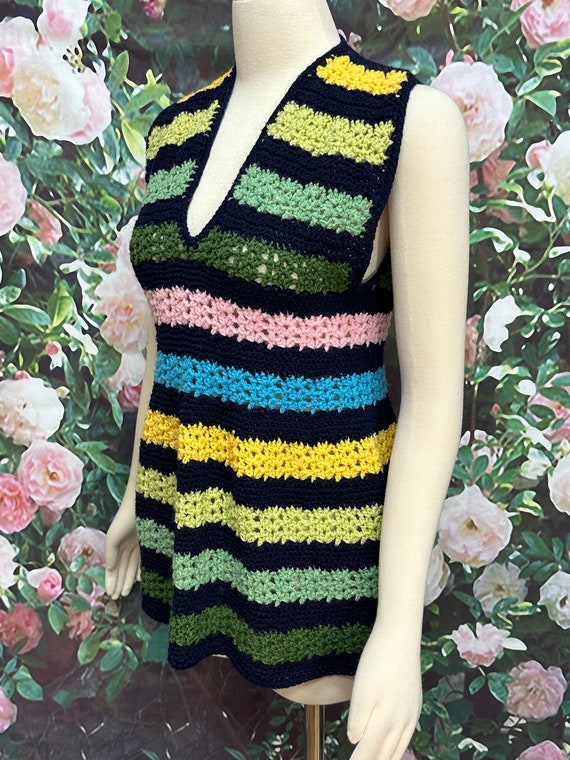 60s Black Crochet Striped Tunic Top Sweater Vest - image 3