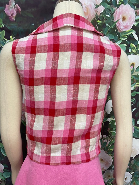 60s Bubblegum Pink Linen Skirt Plaid Blouse XS - image 7