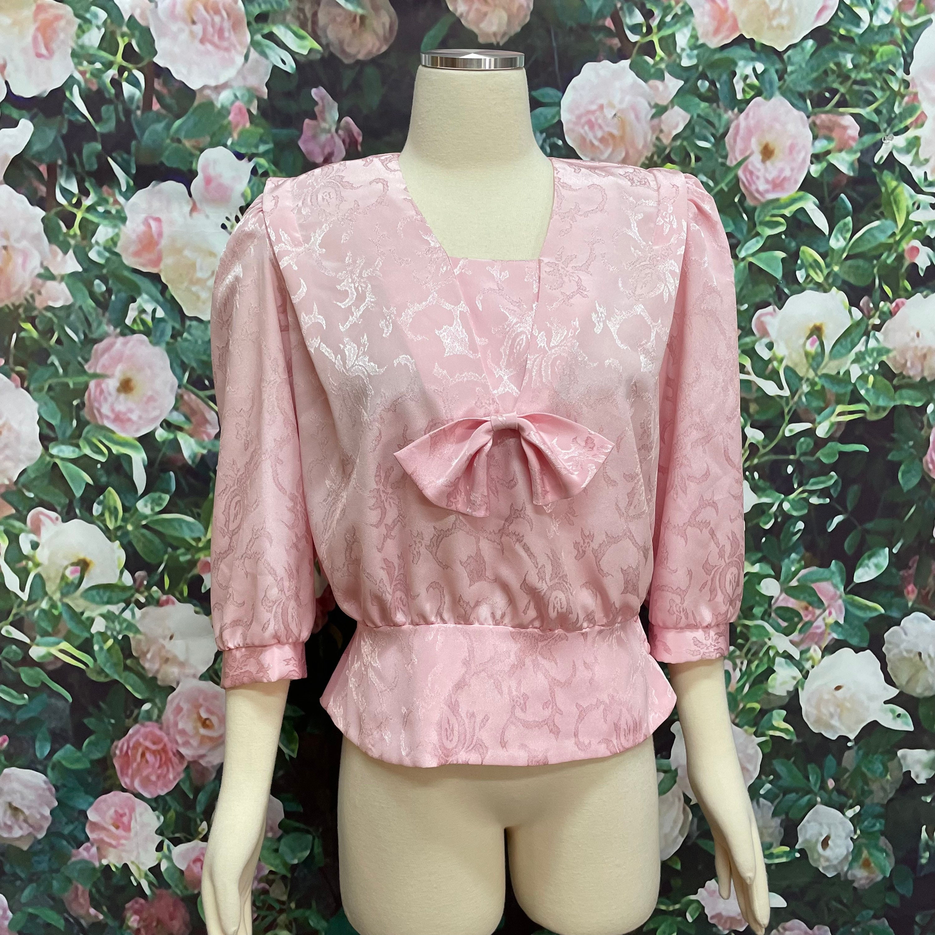 80s Alexis Petite Pink Floral Satin Bow Blouse