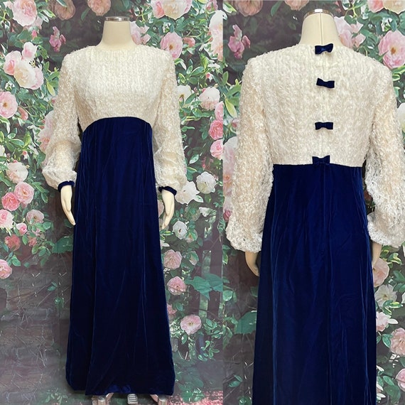 60s Blue Velvet Maxi Dress White Lace Bodice Bow … - image 1