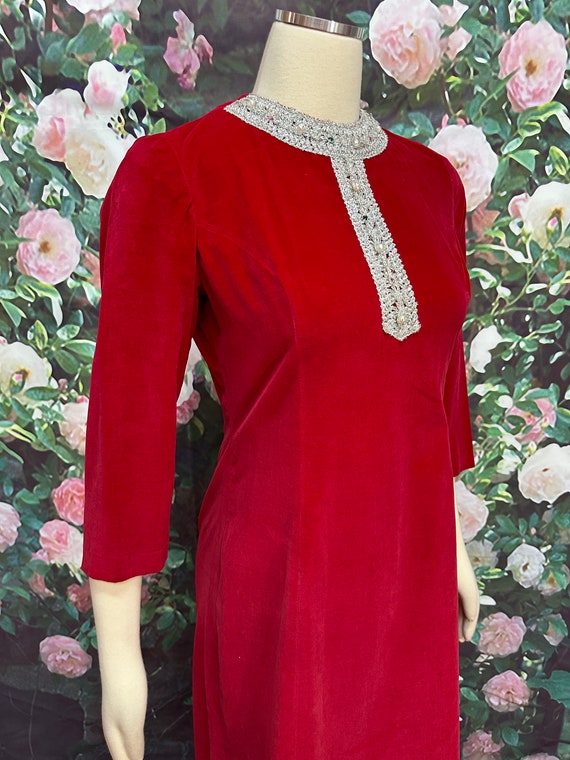 60s Red Velvet Dress Silver Lurex Trim Rhinestone… - image 6
