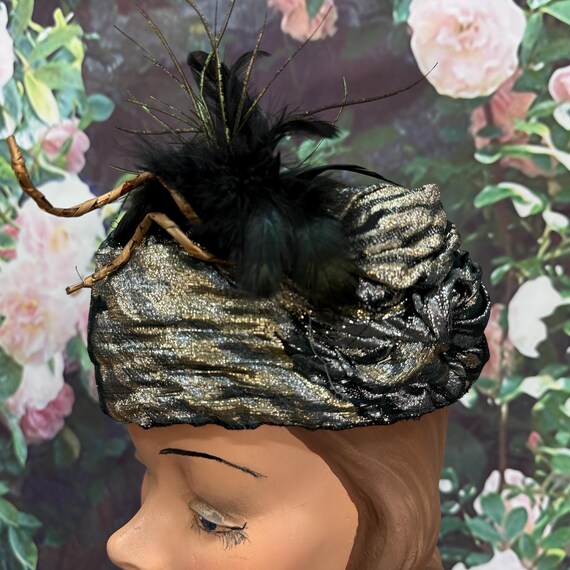 50s Metallic Lame Animal Print Pillbox Feather Tu… - image 2