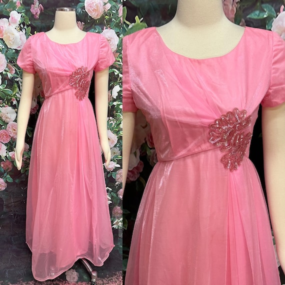 60s Emma Domb Pink Chiffon Maxi Dress Sequin Appl… - image 1