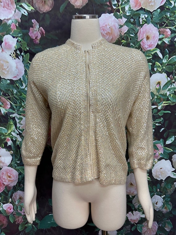 60s Cream Iridescent Sequin Beaded Cardigan