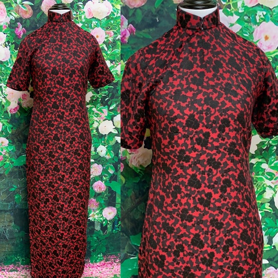 60s Red Black Brocade Cheongsam Dress Qipao