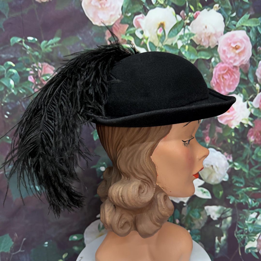 80s Frank Olive Black Wool Hat Black Ostrich Feather - Etsy display picture 3