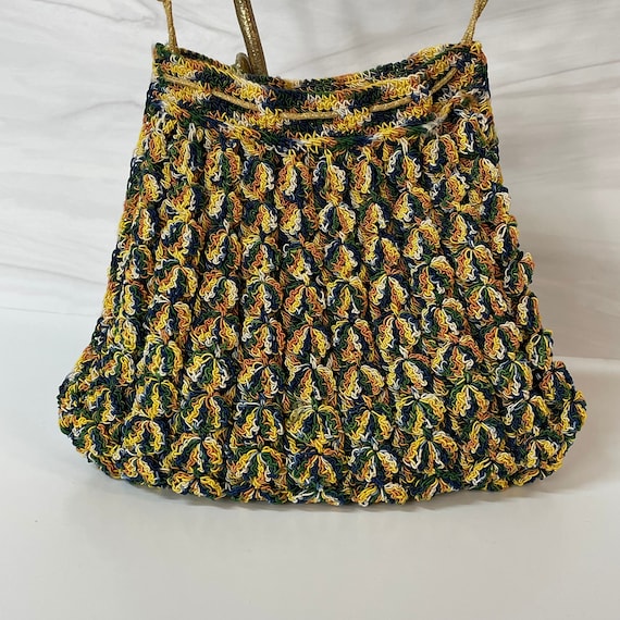 60s Green Yellow Woven Cord Drawstring Purse Knit… - image 1