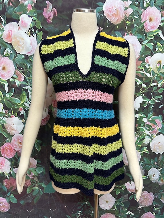 60s Black Crochet Striped Tunic Top Sweater Vest - image 1