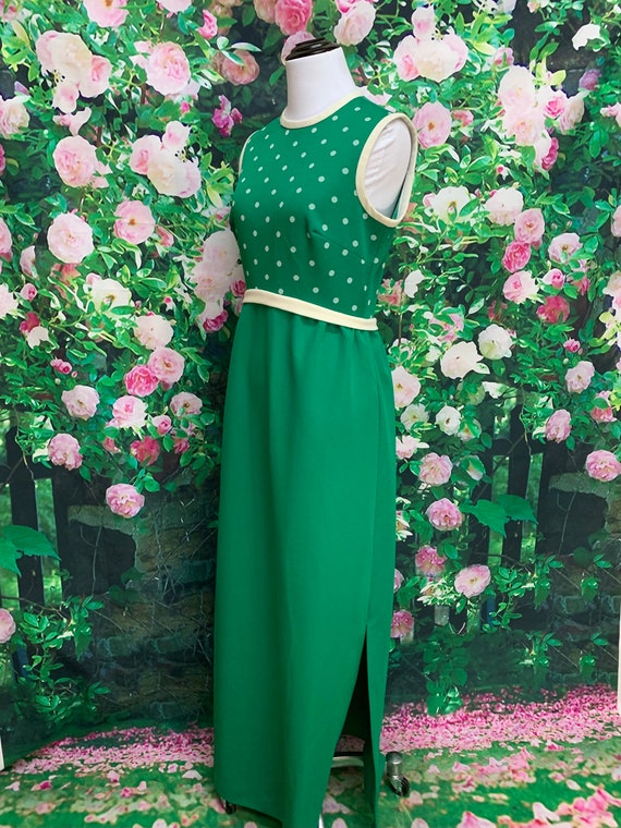60s Kelly Green Polka Dot Maxi Dress Polyester Kn… - image 7