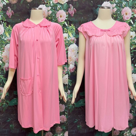 60s Shadowline Pink Peignoir Negligee Nylon Night… - image 1