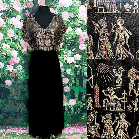 60s Egyptian Black Velvet Maxi Dress Evening Gown