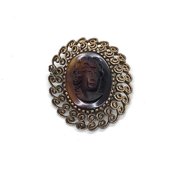 Vintage Large Brown Cameo Brooch Glass Filigree Pendant Etsy