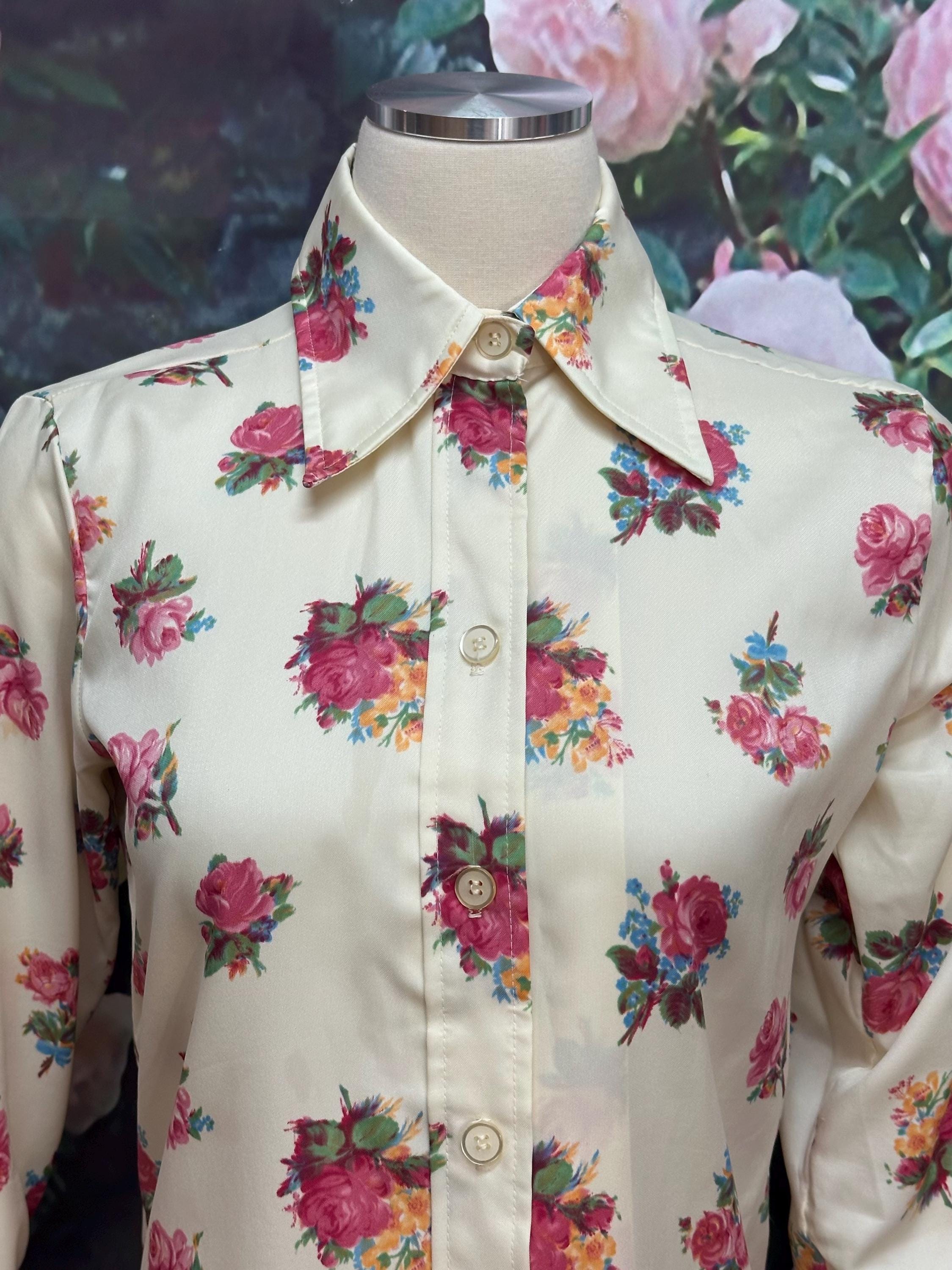 70s Pink Roses Blouse Button Down Dagger Collar Laura Mae - Etsy