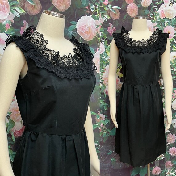 50s Black Twill Cocktail Dress Lace Collar Homemad