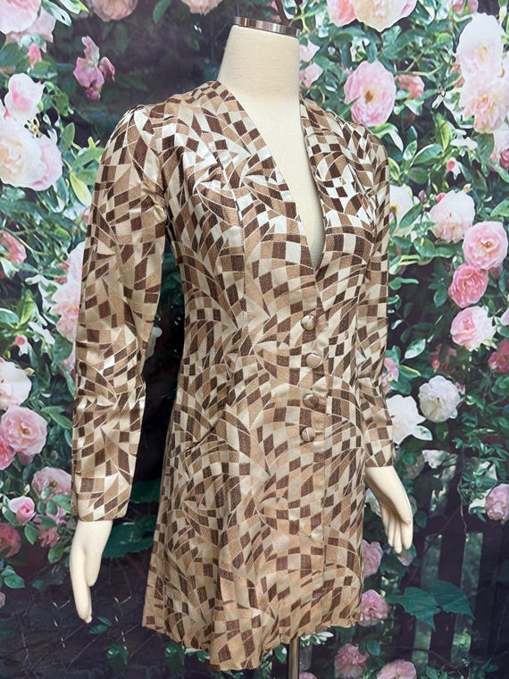 70s Brown Op Art Jacquard Jacket Mod Coat - image 3