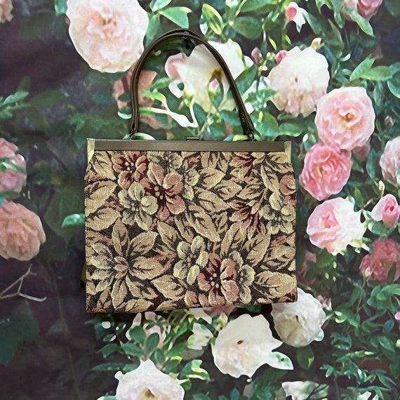 60s Dover Brown Floral Tapestry Handbag Large - image 2