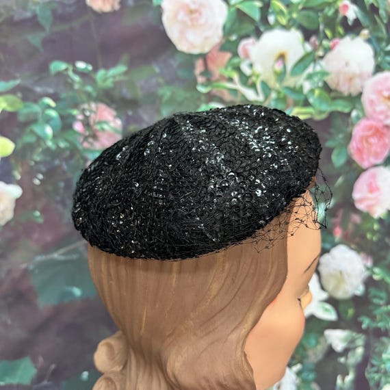 50s Ramleigh Black Sequin Shell Hat Netted - image 3