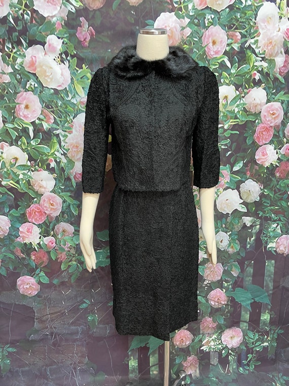 50s Italian Black Ribbon Soutache Skirt Suit Mink… - image 2