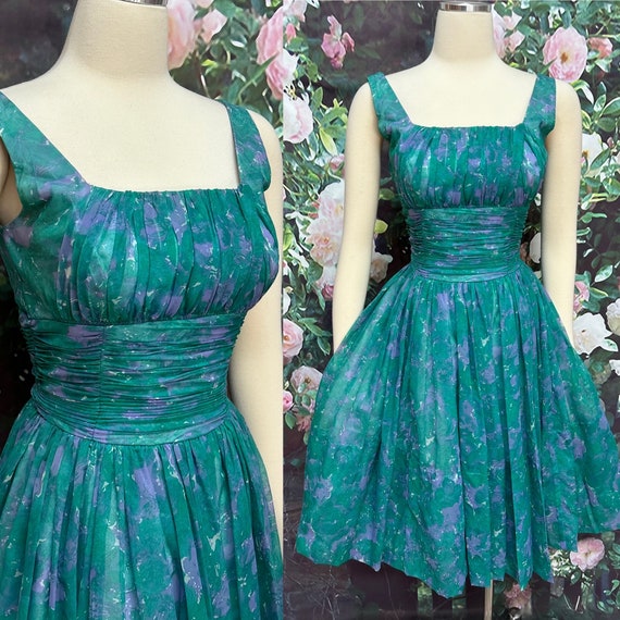 50s Joan Barrie Teal Green Chiffon Party Dress - image 1