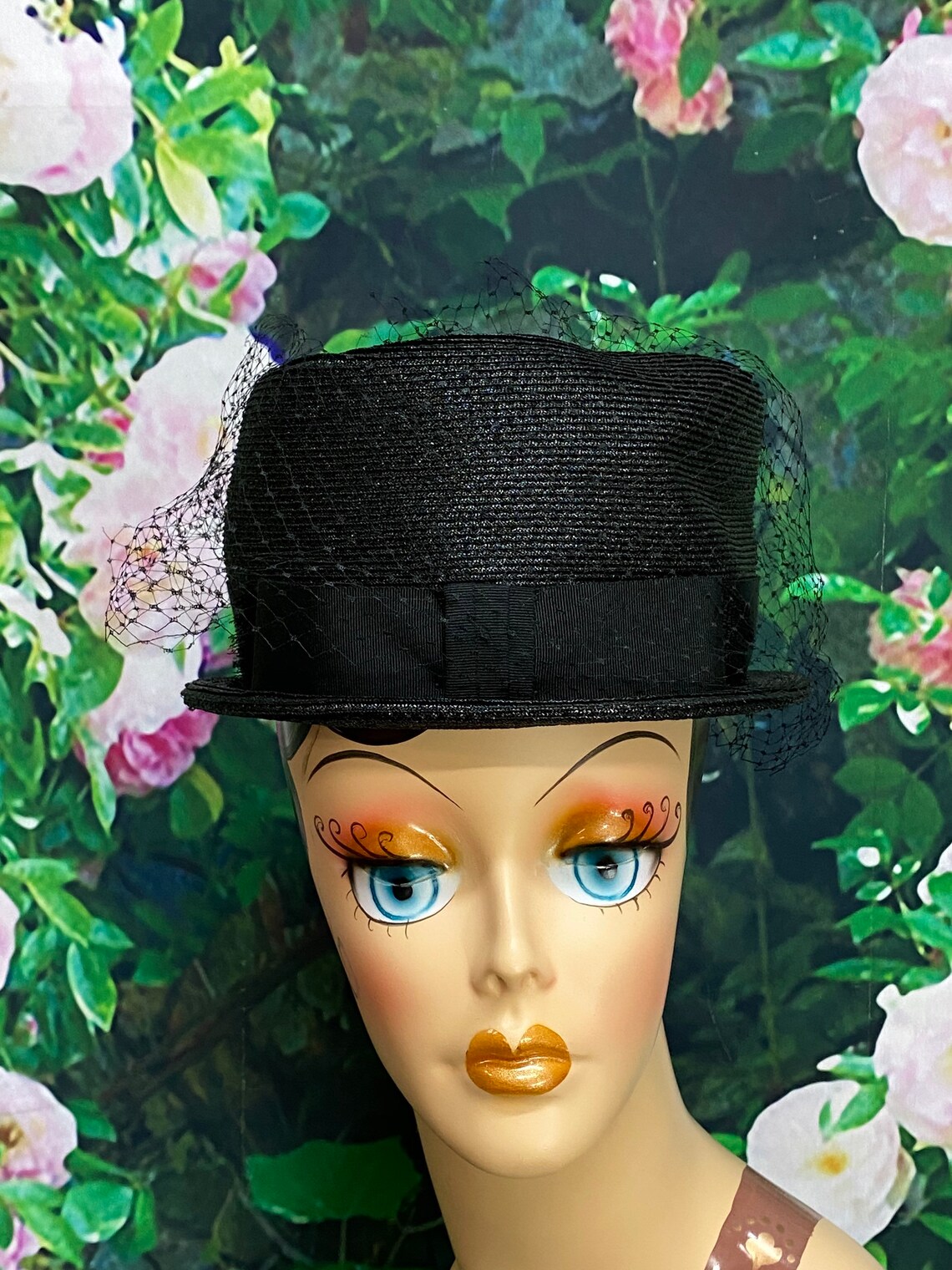 50s Black Straw Bucket Hat Valerie Modes Adjustable Etsy