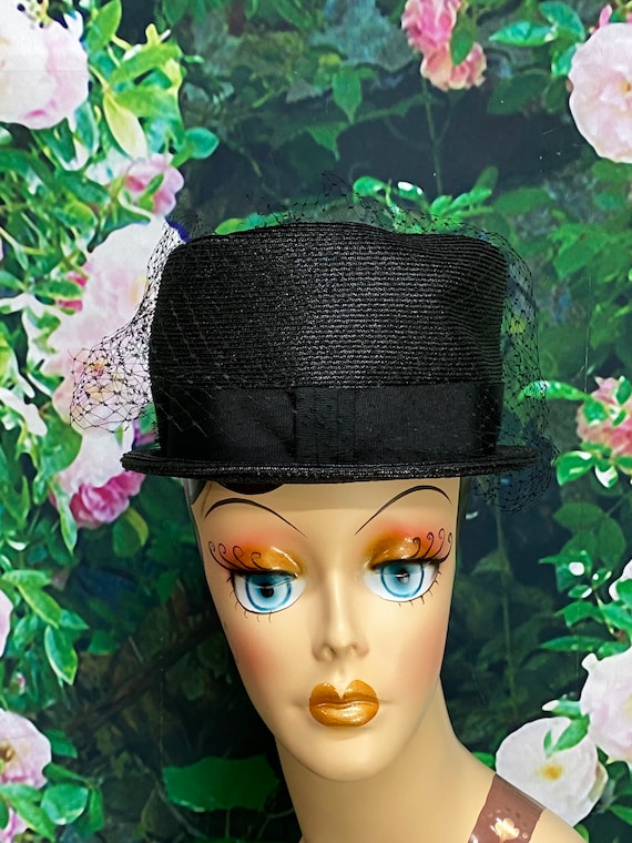 50s Black Straw Bucket Hat Valerie Modes Adjustabl