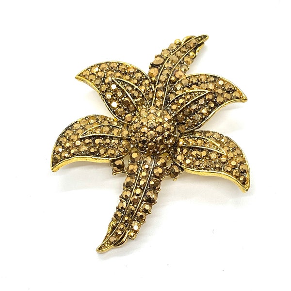 Hollycraft Aurum Rhinestone Pin Gold Flower Pin Brooch